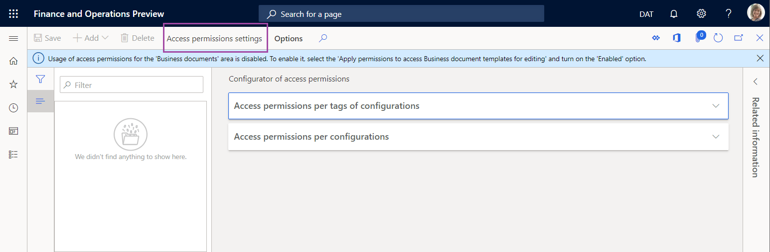 Configurateur de la page des autorisations d’accès du module Gestion de document commercial.