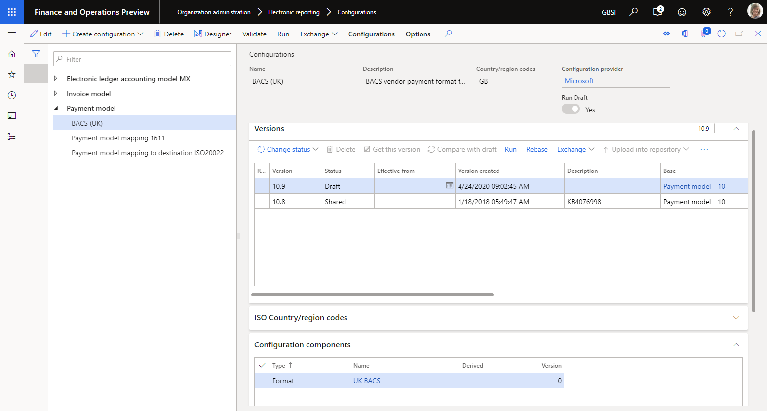 Page Configurations ER permettant d’accéder à la version de la configuration à l’état Brouillon.