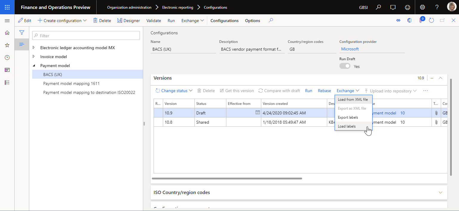 Page Configurations ER permettant d’importer des étiquettes ER vers la version de configuration sélectionnée.