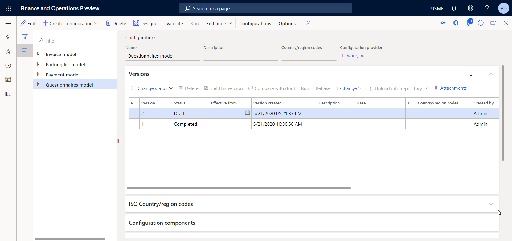 Versions de la configuration modifiable sur la page Configurations.