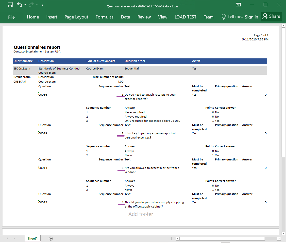 État généré au format Excel avec des questions correctement ordonnées.