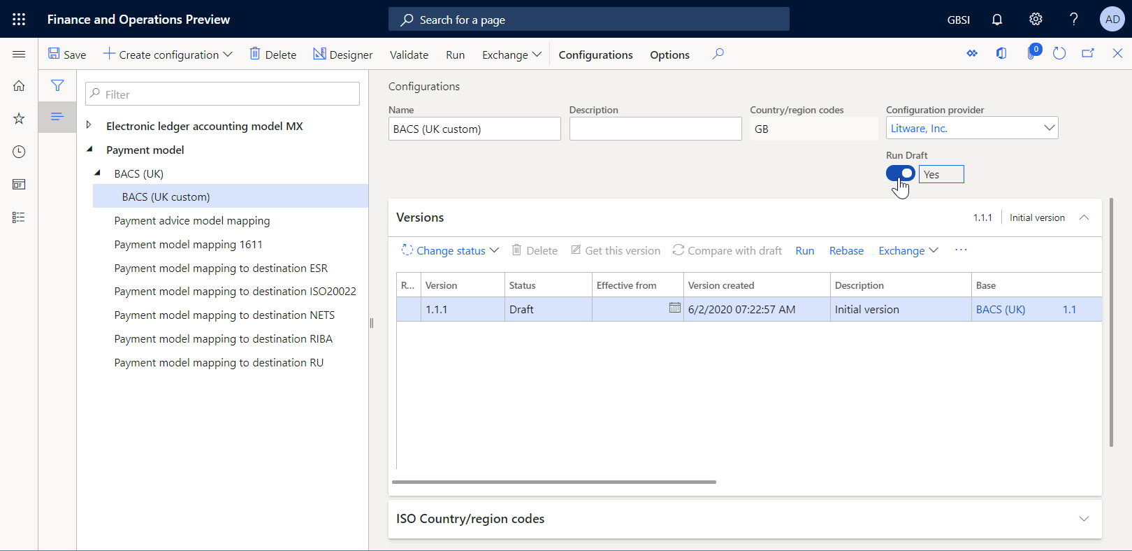 Option Exécuter le brouillon de la page Configurations.