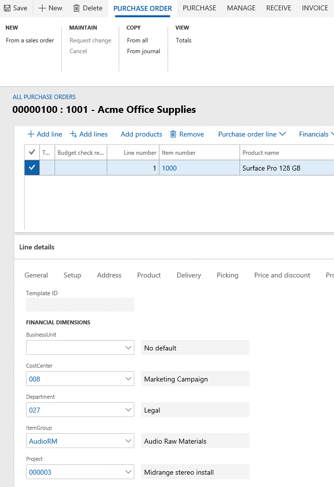 Merged default dimension values on a document line (purchase order line).