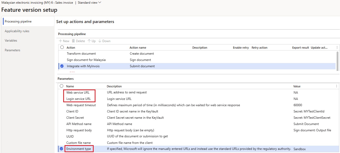 Screenshot of the setup on the Processing pipeline tab of the Feature version setup page for the electronic invoicing feature.