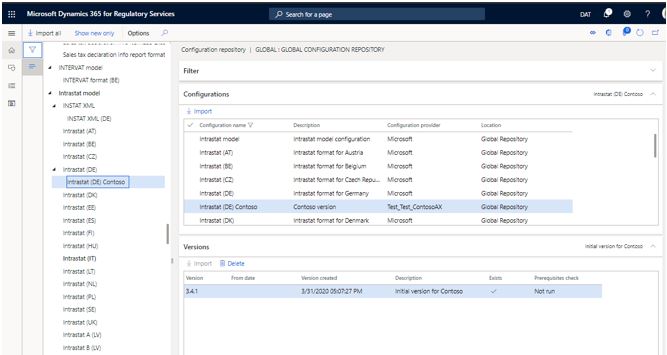 Version de configuration Intrastat Contoso dérivée dans le référentiel global.