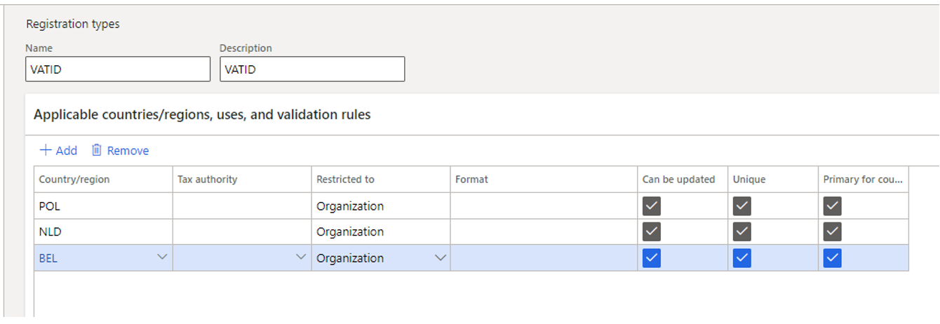 Lignes de type d’enregistrement sur la page Types d’enregistrement.