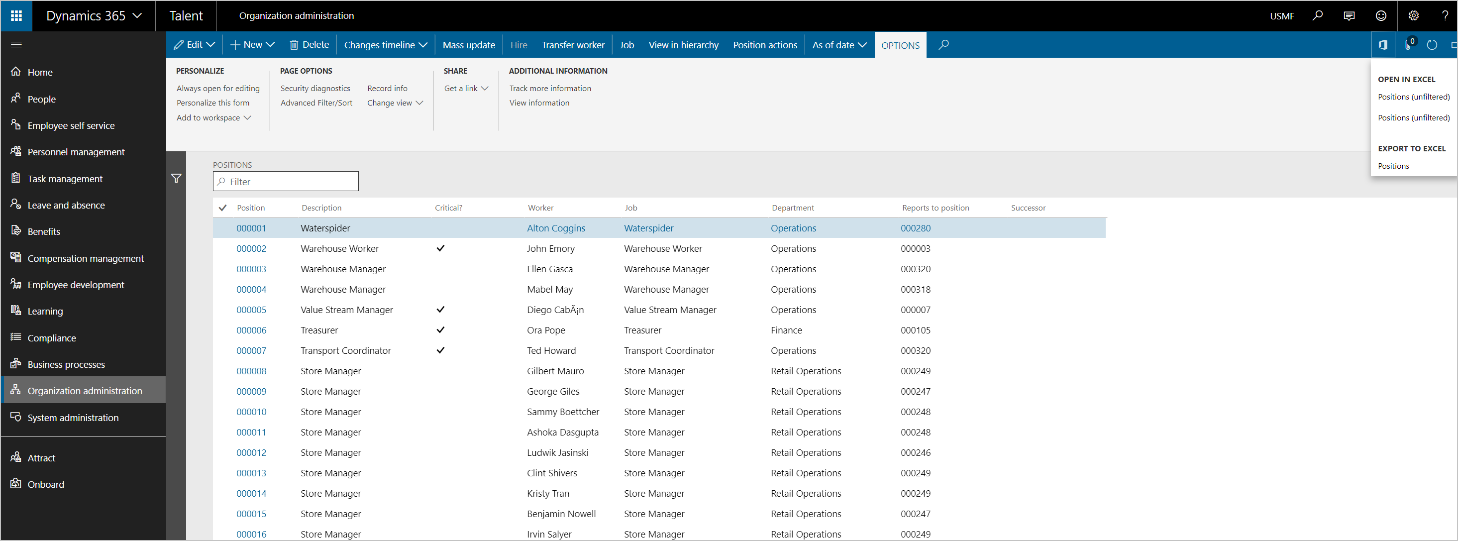 Exporter la page de la liste des postes vers Excel.