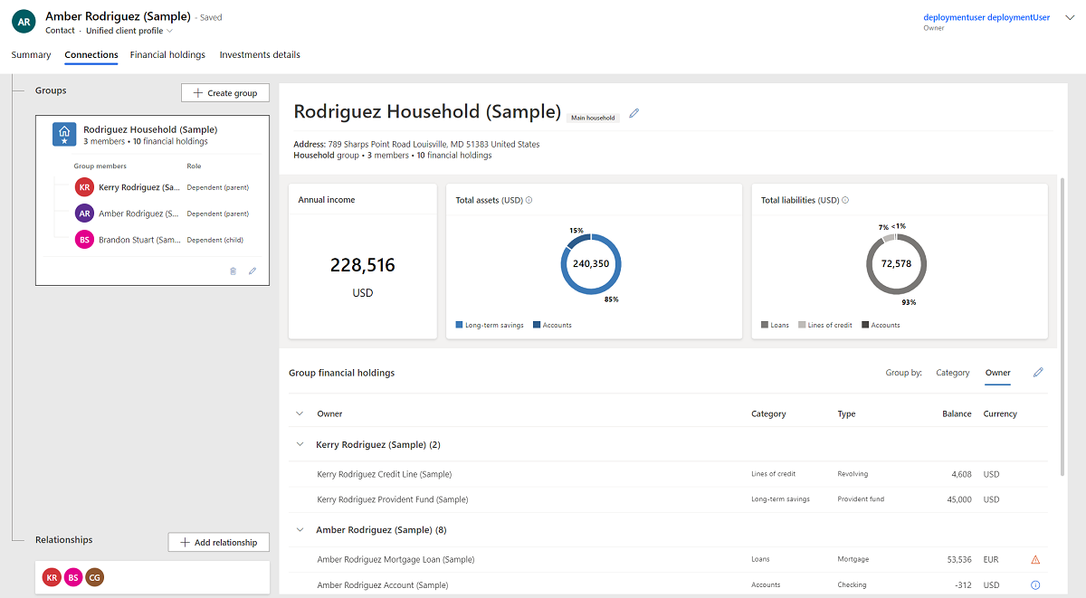 Capture d’écran de l’onglet Relations dans le profil client unifié.