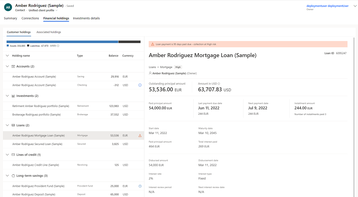 Capture d’écran de l’onglet Produits financiers dans le profil client unifié.