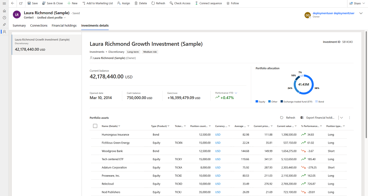 Capture d’écran de l’onglet Détails de l’investissement dans le profil client unifié.