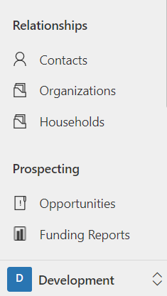 Sélectionnez la zone Développement pour travailler sur les Relations et la Prospection.