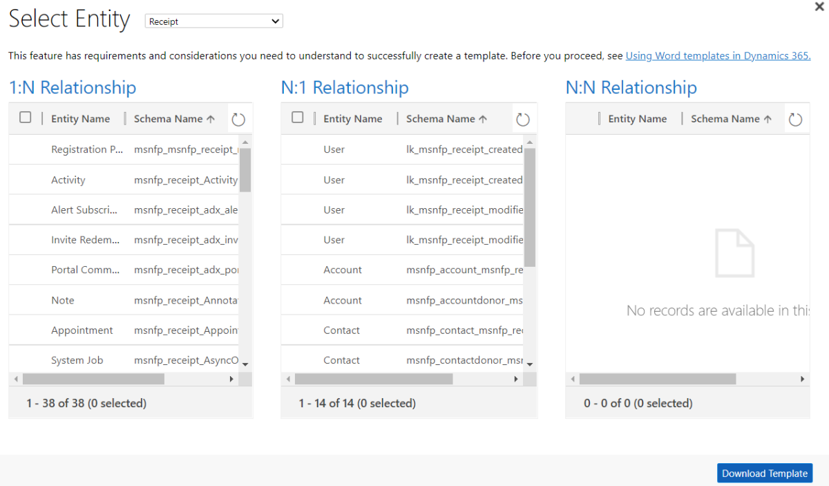 Sélectionnez les relations pour le modèle Word dont vous avez besoin.