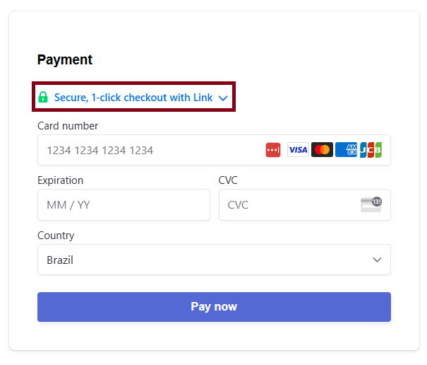 Capture d’écran montrant où Stripe Link apparaît dans l’interface utilisateur de paiement.