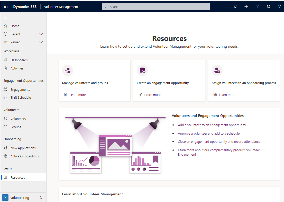 Capture d’écran montrant le groupe Apprentissage avec l’option des ressources et l’écran des ressources pour Gestion des bénévoles.