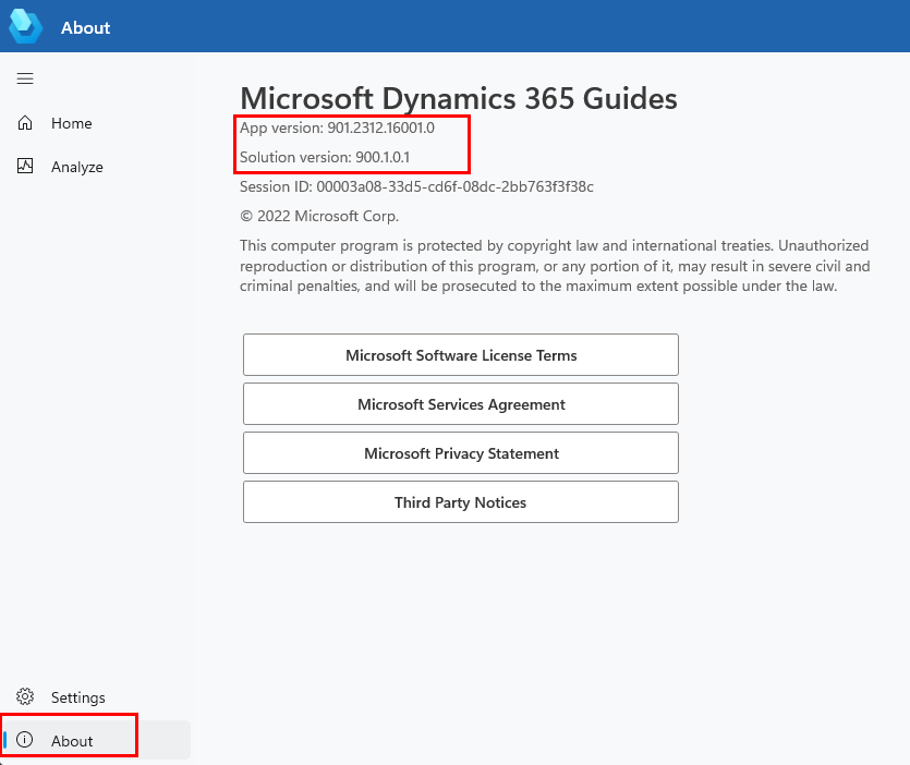 Numéros de version sur la page À propos.