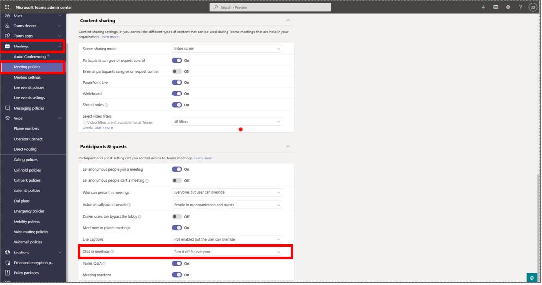 Capture d’écran du Microsoft Teams centre d’administration avec le champ Autoriser le chat dans les réunions en surbrillance.