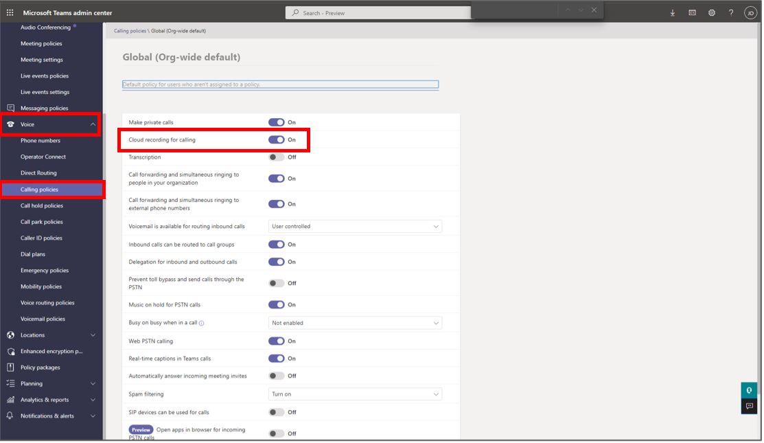 Capture d’écran du Microsoft Teams centre d’administration avec le paramètre d’enregistrement dans le cloud pour les appels mis en surbrillance.