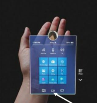 Capture d’écran du HoloLens champ de vision, montrant l’icône vidéo dans le volet d’outils inférieur.