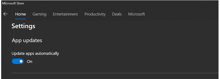 Page du Microsoft Store, où l’option Mettre à jour automatiquement les applications est activée.