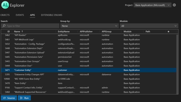 Aperçu de toutes les pages API dans la portée de l’application sélectionnée