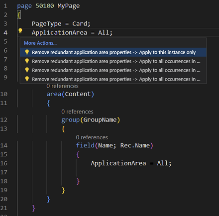 Action de code pour supprimer les propriétés ApplicationArea redondantes des champs