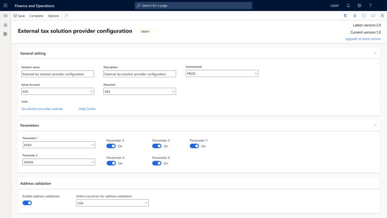 Capture d’écran d’une configuration standard pour simplifier l’intégration à des fournisseurs de solutions fiscales externes.