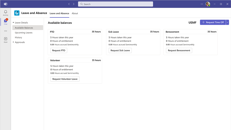 Consultez votre solde de congés disponibles à l’aide de l’onglet Congés et absences dans l’application de bureau Microsoft Teams