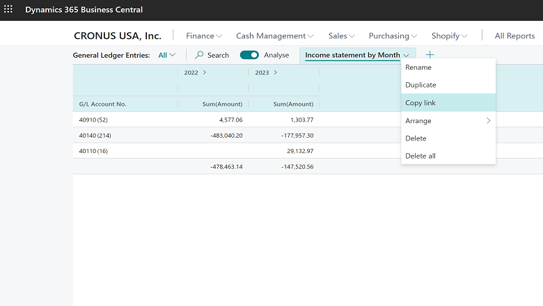 Cliquez sur l’onglet Analyse pour copier un lien vers l’analyse