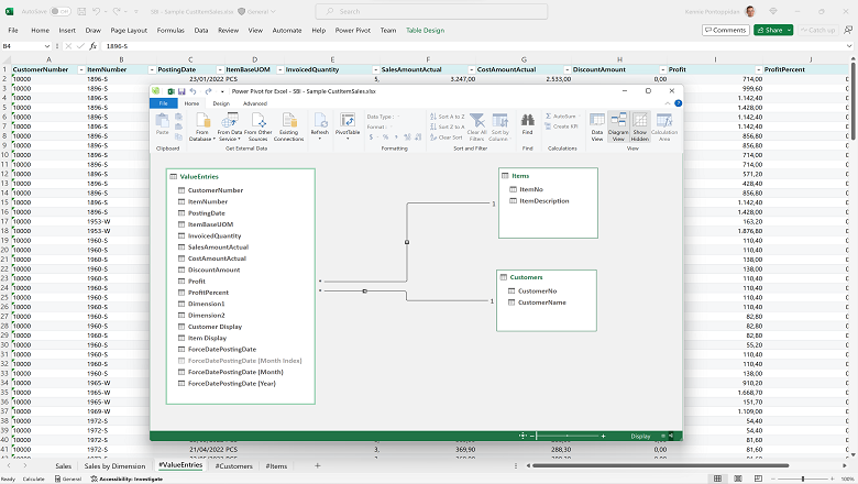 Exemple de modélisation de données avec PowerPivot dans la mise en page Excel.