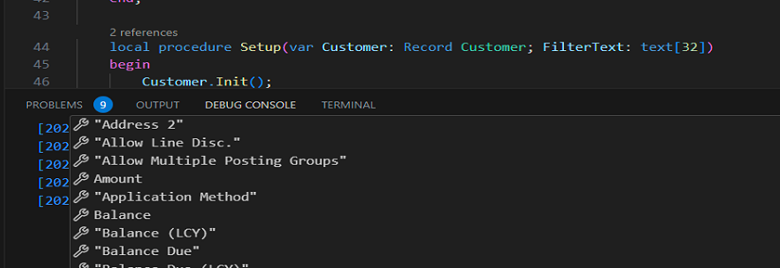 Utiliser IntelliSense pour ajouter et inspecter les variables AL dans la console du débogueur Visual Studio Code