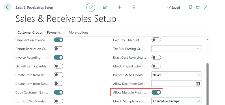 Affiche l’option Autoriser plusieurs groupes comptabilisation dans la page Configuration des Ventes et Fournisseurs