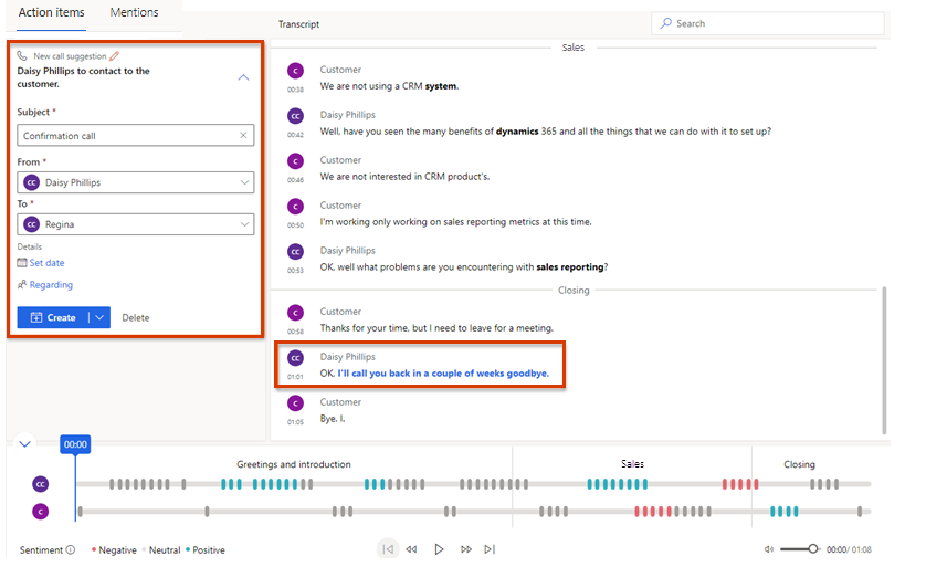 Capture d’écran d’une nouvelle suggestion d’appel dans l’onglet Éléments d’action de la page de la Synthèse de l’appel.