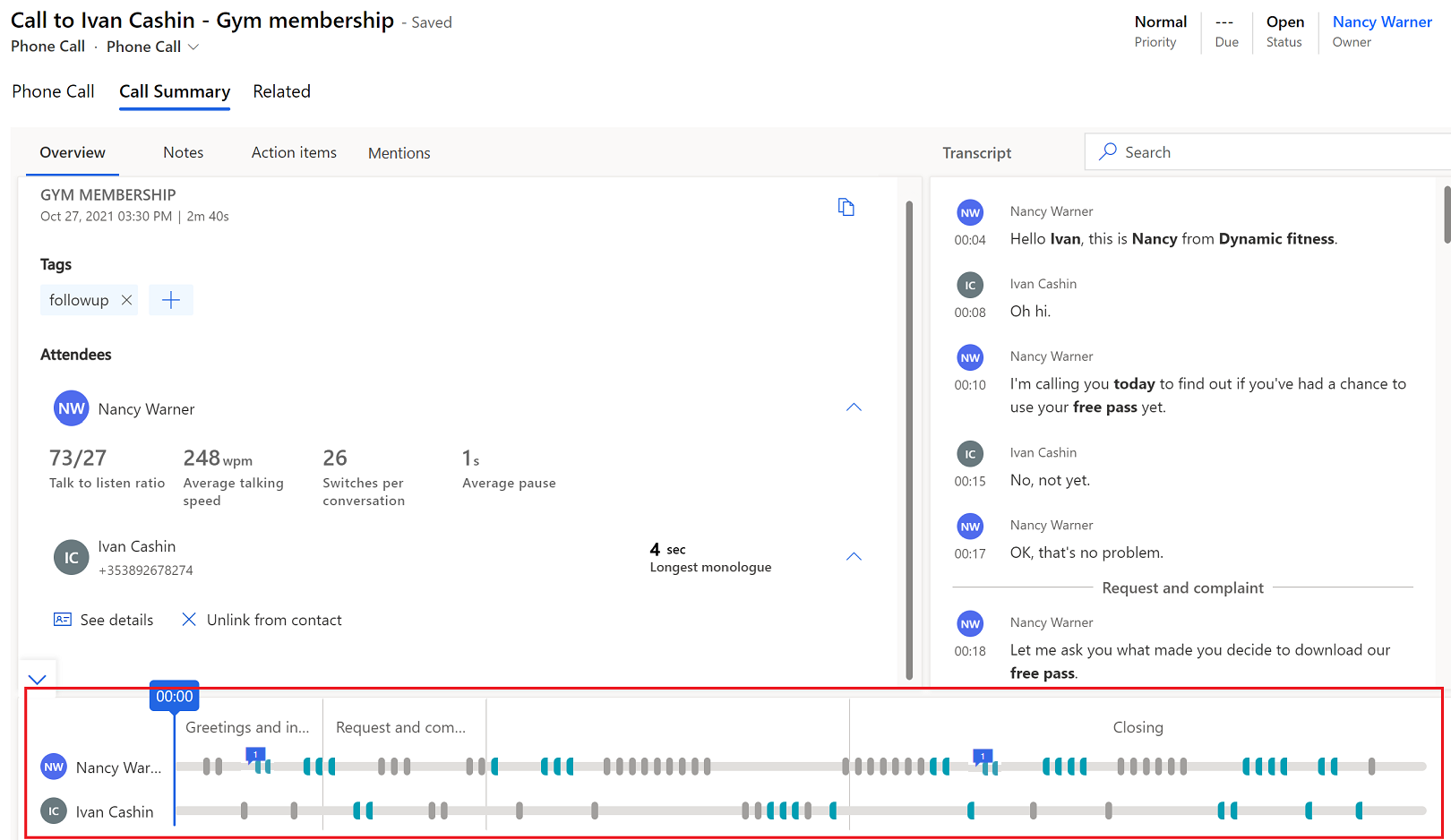 Capture d’écran de la chronologie de la lecture de la page Synthèse de l’appel.