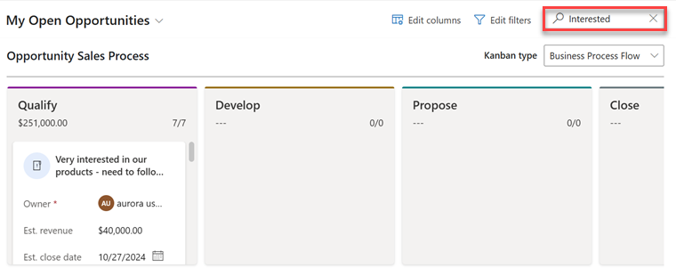 Utilisez la zone de recherche pour filtrer les enregistrements dans la vue Kanban.