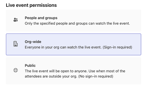 Image des options d’autorisations d’événement en direct Teams.