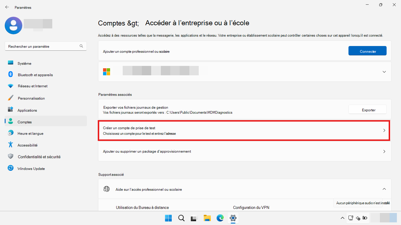 Utilisez l’application Paramètres pour configurer un compte de prise de test.