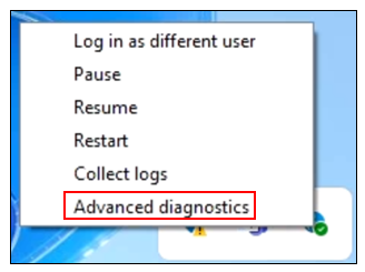 Capture d’écran des options de la barre d’état du système d’Accès global sécurisé, des diagnostics avancés.