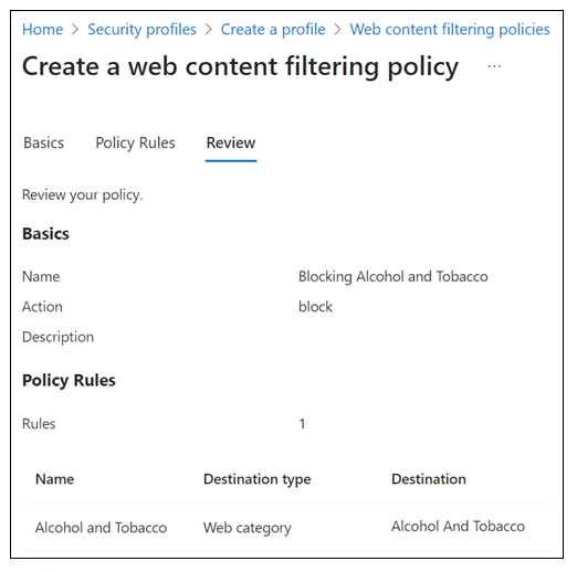 Capture d’écran de l’Accès global sécurisé, des profils de sécurité, de la création d’un profil, des stratégies de filtrage de contenu web, de la révision pour la stratégie de catégorie.