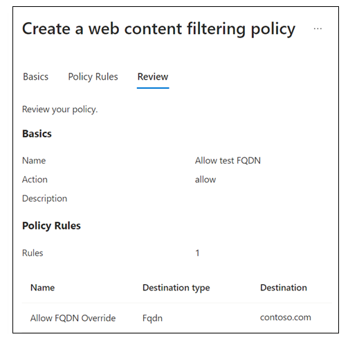 Capture d’écran de l’Accès global sécurisé, des profils de sécurité, de la création d’un profil, des stratégies de filtrage de contenu web, de la révision pour la stratégie d’autorisation d’élément bloqué.