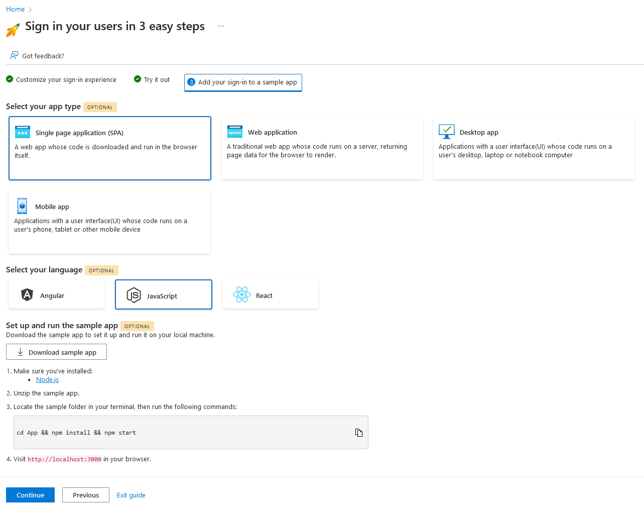 Capture d’écran de la configuration de l’application exemple.