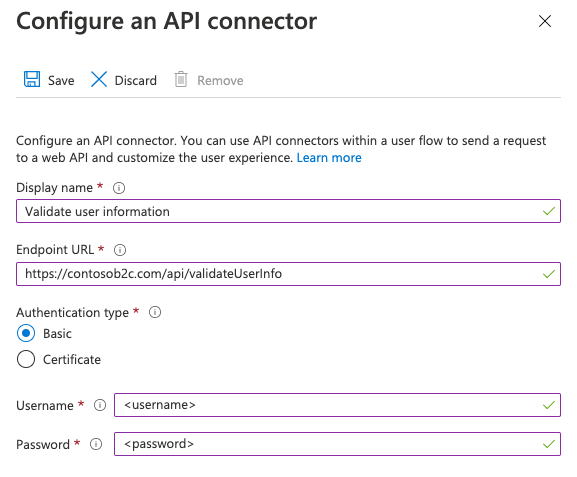 Capture d’écran de la configuration de l’authentification de base pour un connecteur d’API.