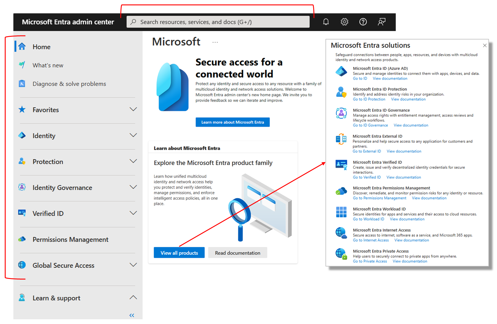 Capture d’écran de la page d’accueil de la vue d’ensemble du centre d’administration Microsoft Entra.