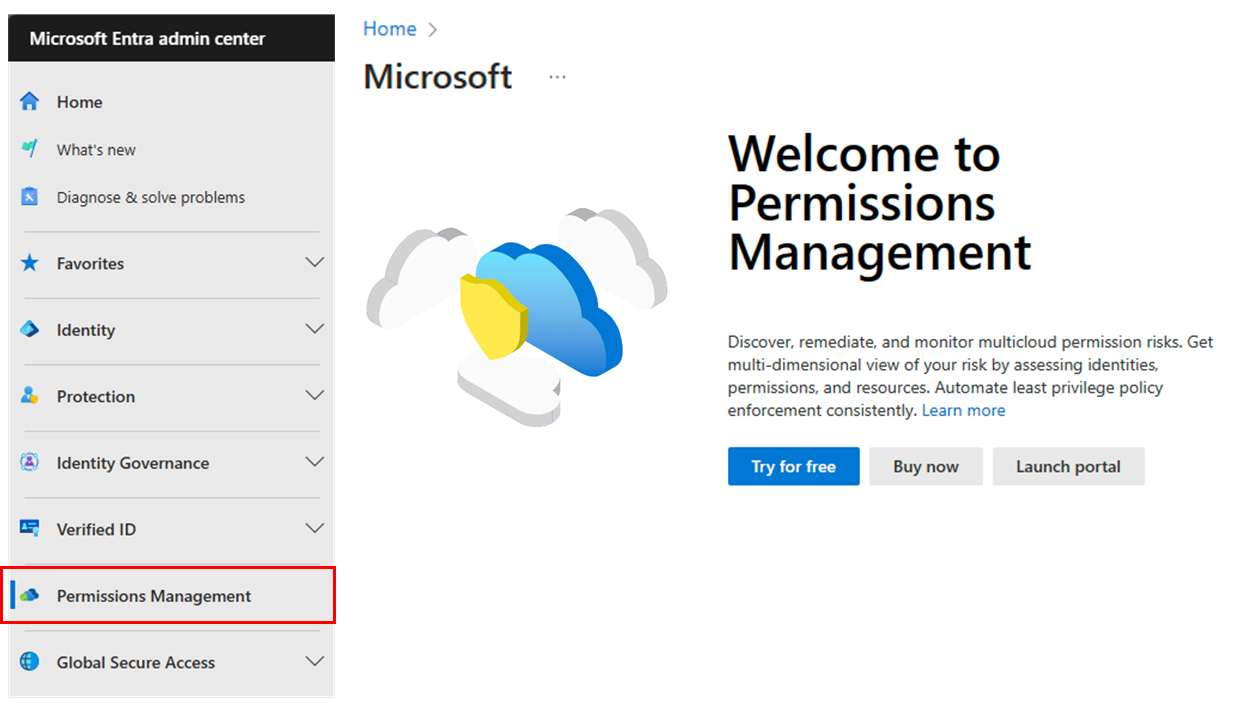 Capture d’écran du menu Gestion des autorisations du Centre d’administration Microsoft Entra.