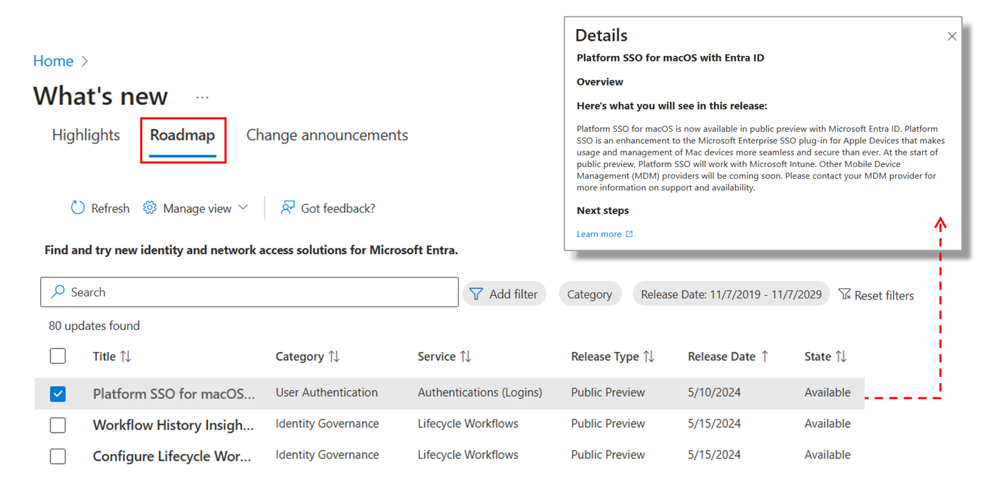 Capture d’écran de l’expérience de la feuille de route des nouveautés de Microsoft Entra dans le centre d’administration Microsoft Entra.