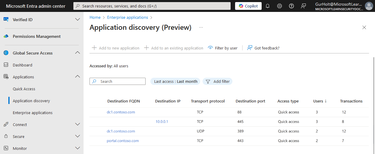 Screenshot of Application discovery screen.