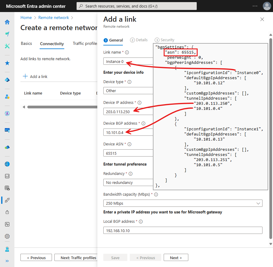 Capture d’écran du formulaire Ajouter un lien avec des flèches montrant la relation entre le code JSON et les informations de lien.