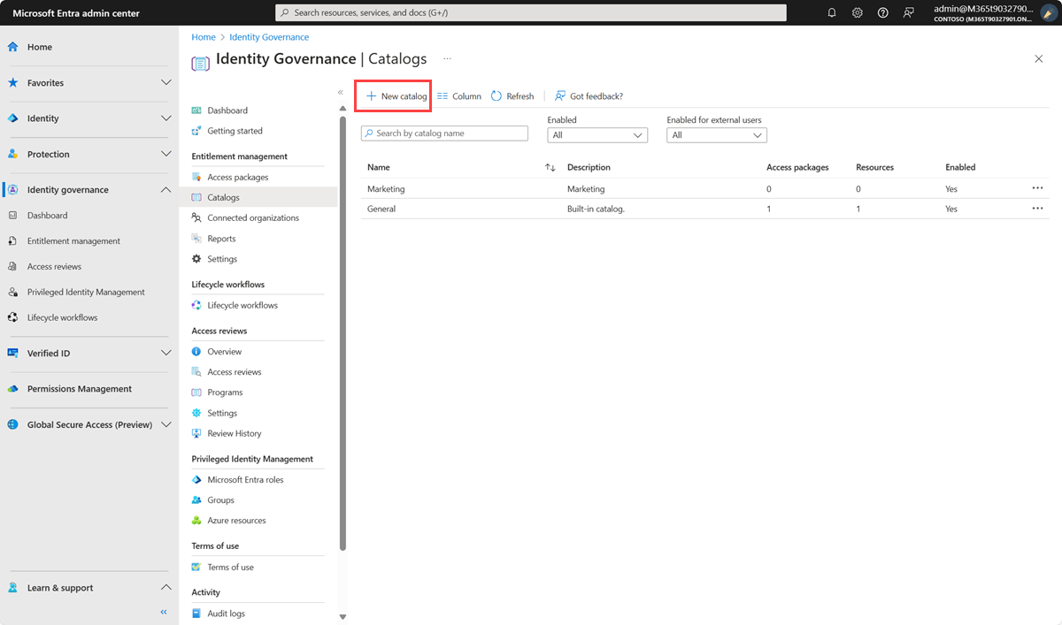 Capture d’écran montrant les catalogues de gestion des droits dans le centre d’administration de Microsoft Entra.