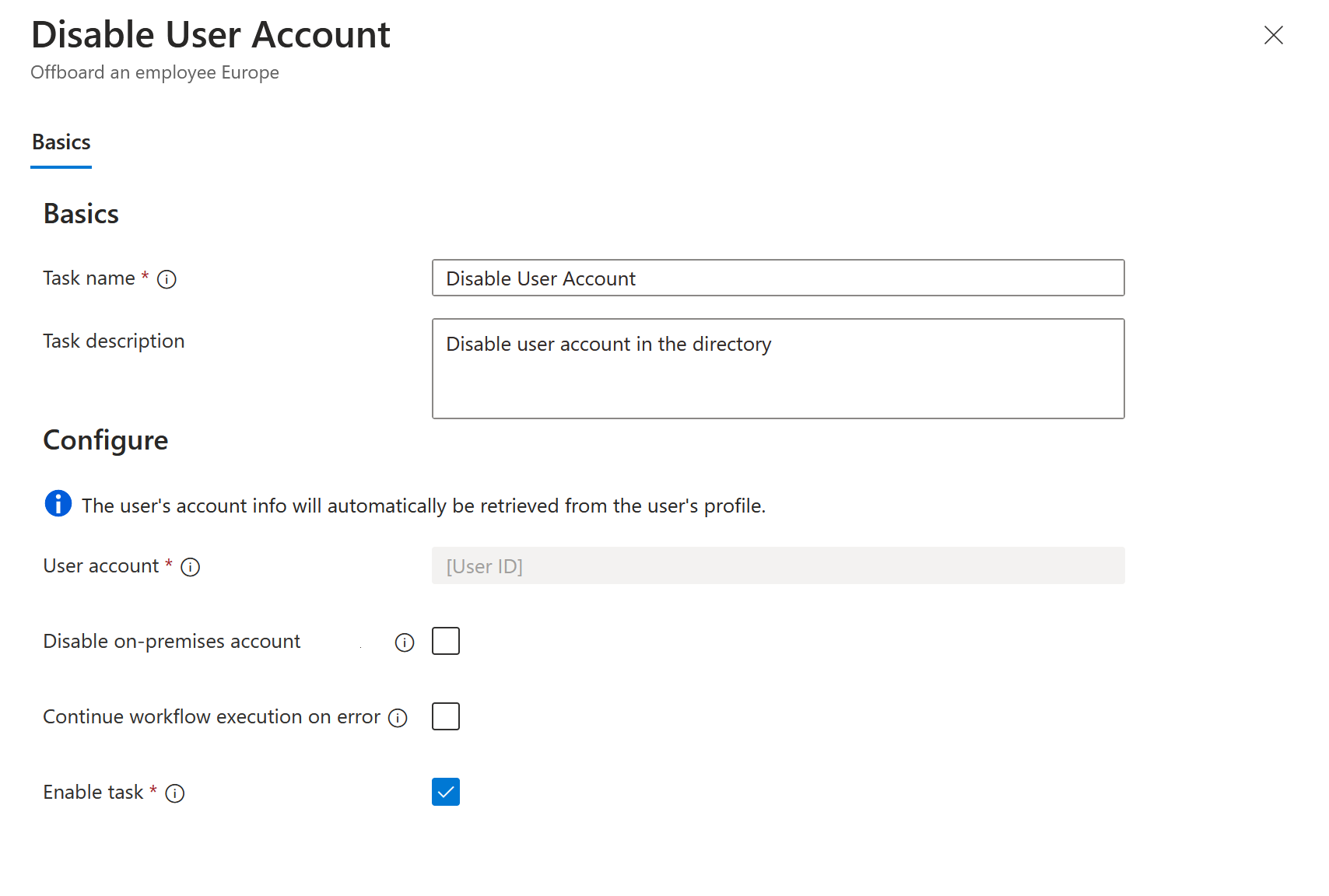 Capture d’écran de la tâche des workflows : Désactiver un compte d’utilisateur.