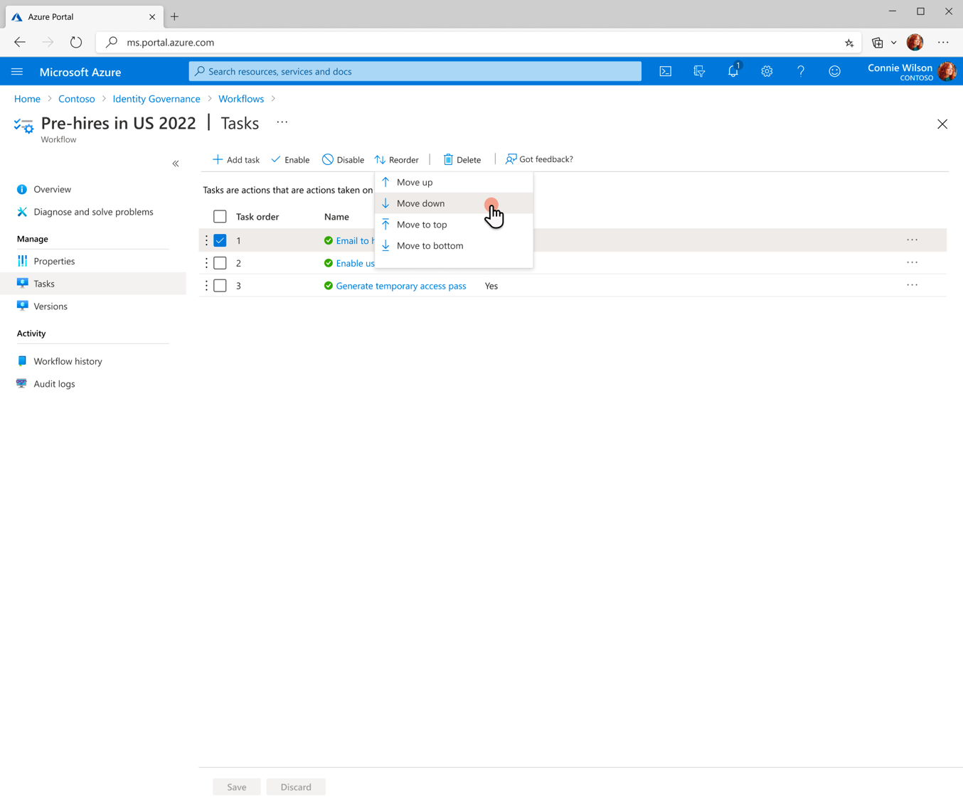 Capture d’écran de la réorganisation des tâches dans un workflow.