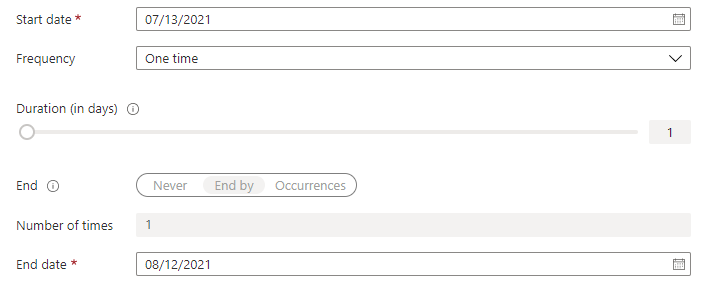 Capture d’écran des éléments date de début, fréquence, durée, fin, nombre de tentatives et date de fin.